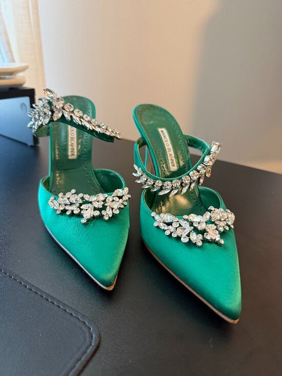 Manolo Blahnik Shoes - Manolo Blahnik Lurum Green Crystal Embellished 90 mm Satin Mules